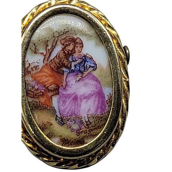 Limoges France Porcelain Brooch Antique Sisters Enamel Design Gold Tone Frame - Picture 3 of 8
